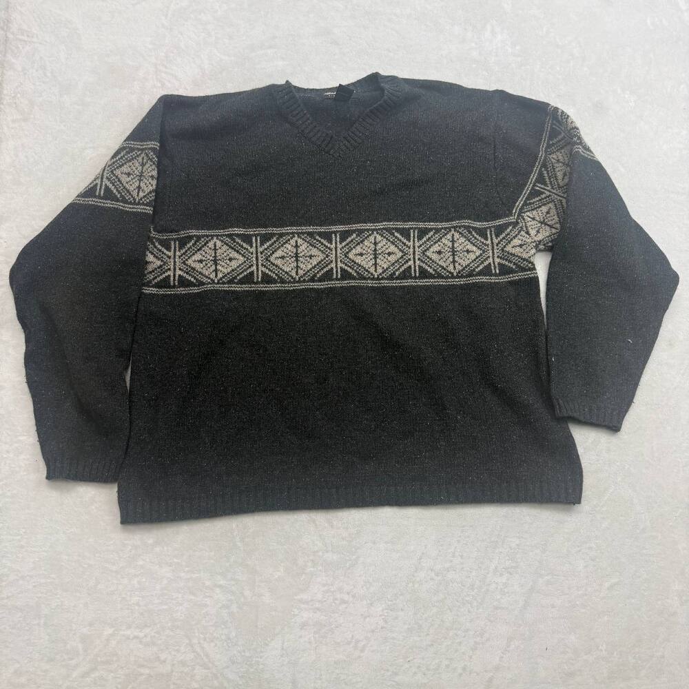 Eddie Bauer Men's Sweater V-Neck Grey Size L Wool Blend Fair Isle Geometric Knit